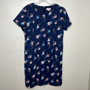 LOFT Outlet Dress Blue Floral Ponte Knit Hand Pockets MIDI Short Sleevesless 16